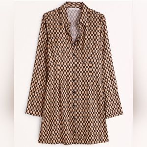 NWT Abercrombie & Fitch Brown Checker Pattern Long Sleeve Satin Shirt Dress M